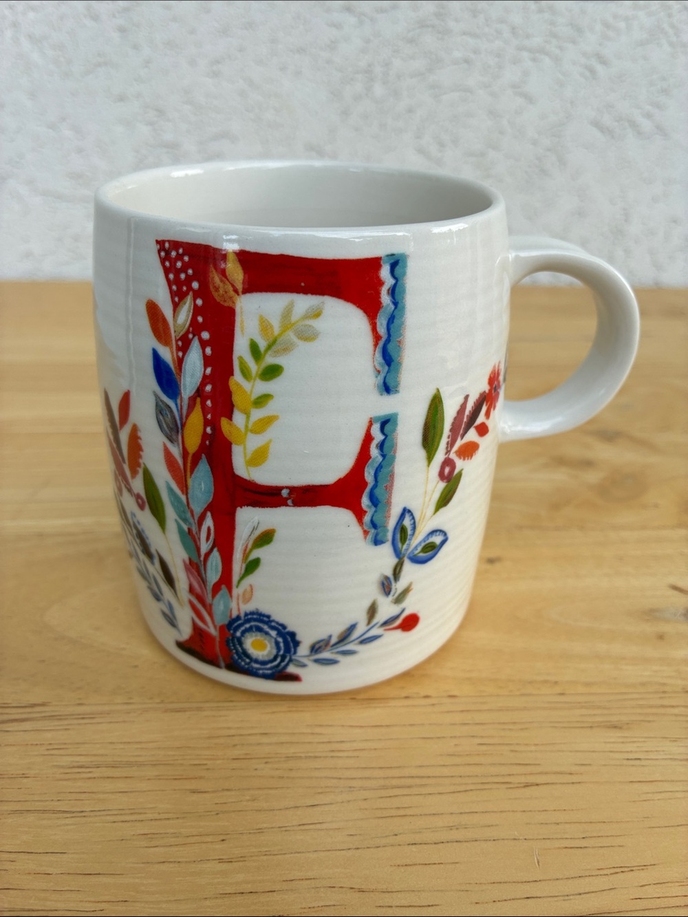 Anthropologie Starla M Halfmann White Ceramic Mug with Red Floral F Monogram